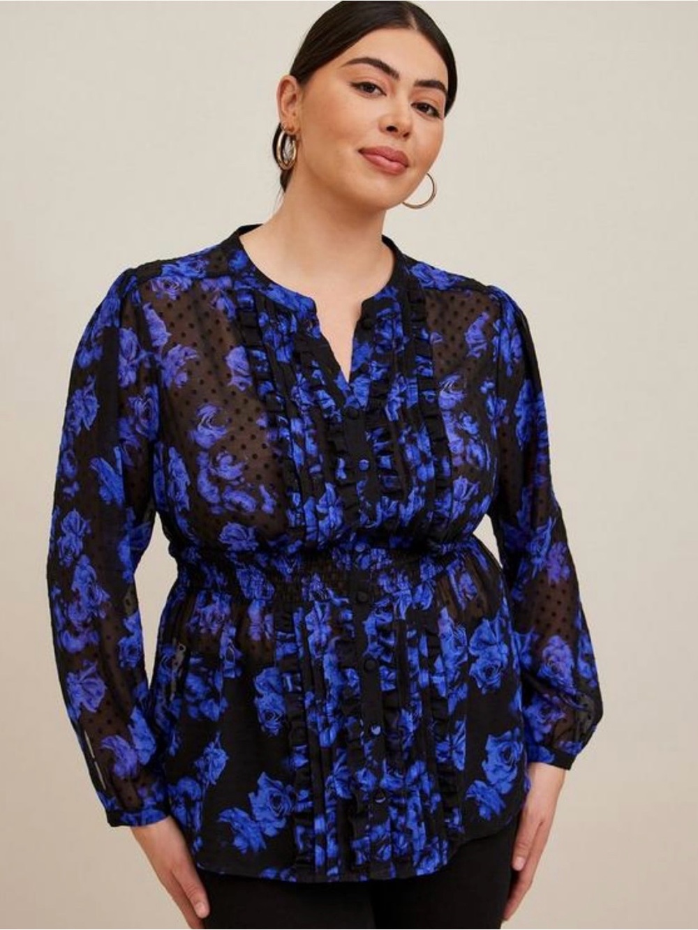 Black & Royal Blue Floral Pintuck Peasant Blouse torrid
